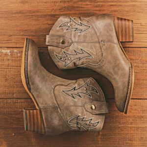 Retro cowboy boots on wooden background